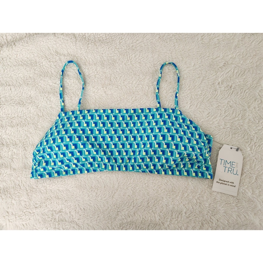 Time and Tru Bikini Swim Top L 12-14 NWT Blue Green Geometric Bandeau Swimwear - Picture 1 of 7